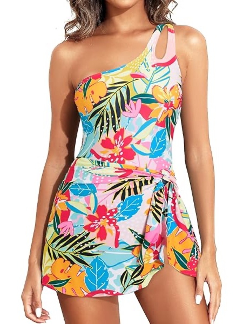 Daci One-Shoulder Tropical Floral Swimdress in Pink Multicolor